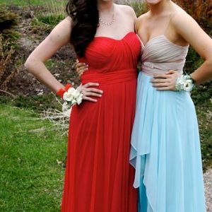 Strapless red chiffon prom dress
